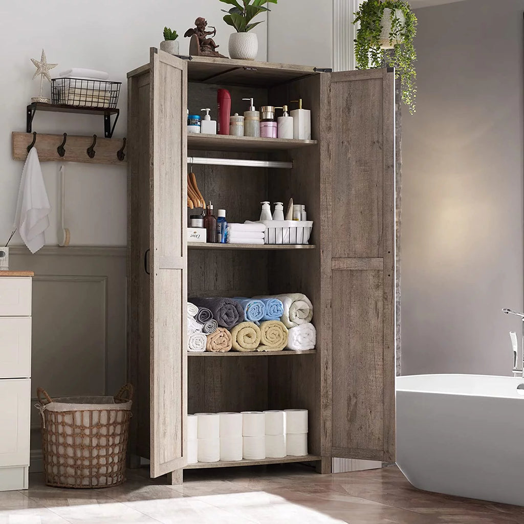 Light Rustic Oak Kitchen Pantry Storage Cabinet with Barn Door and Hanging Rod Q2671
