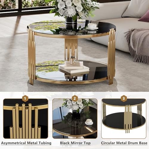Black Round Coffee Table with Tempered Glass Tabletop and Metal Drum Base U480