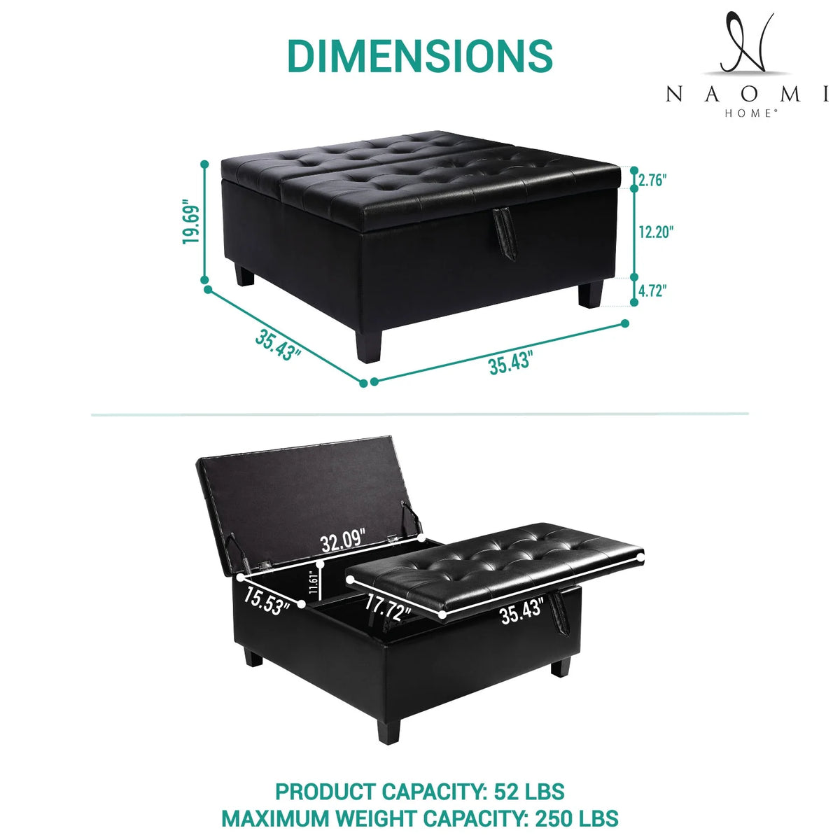Black Air Leather Tufted Lift-Top Storage Ottoman Bench P121045