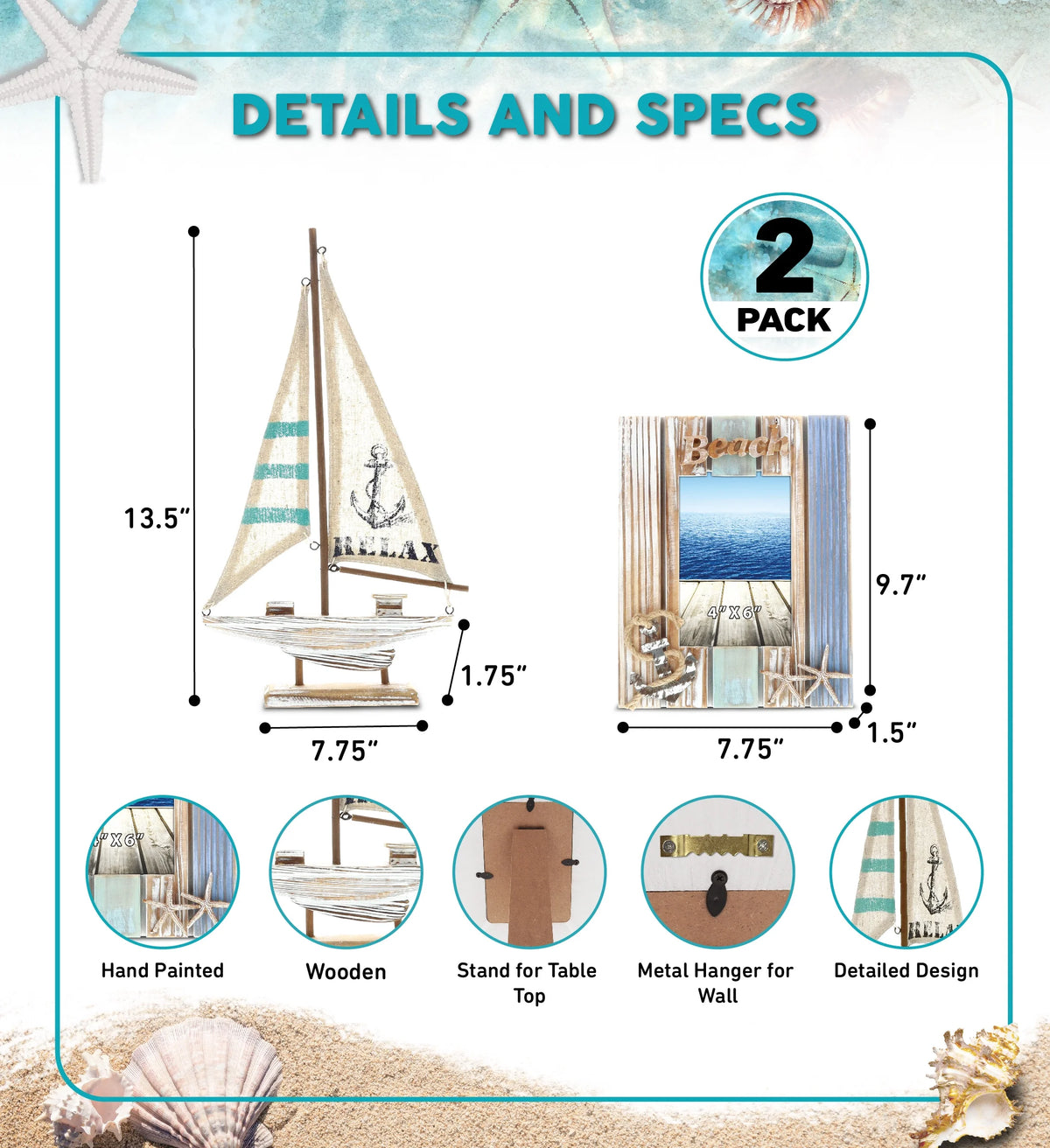 White Distressed Wood Starfish Photo Frame and Wooden Boat Decor I1476