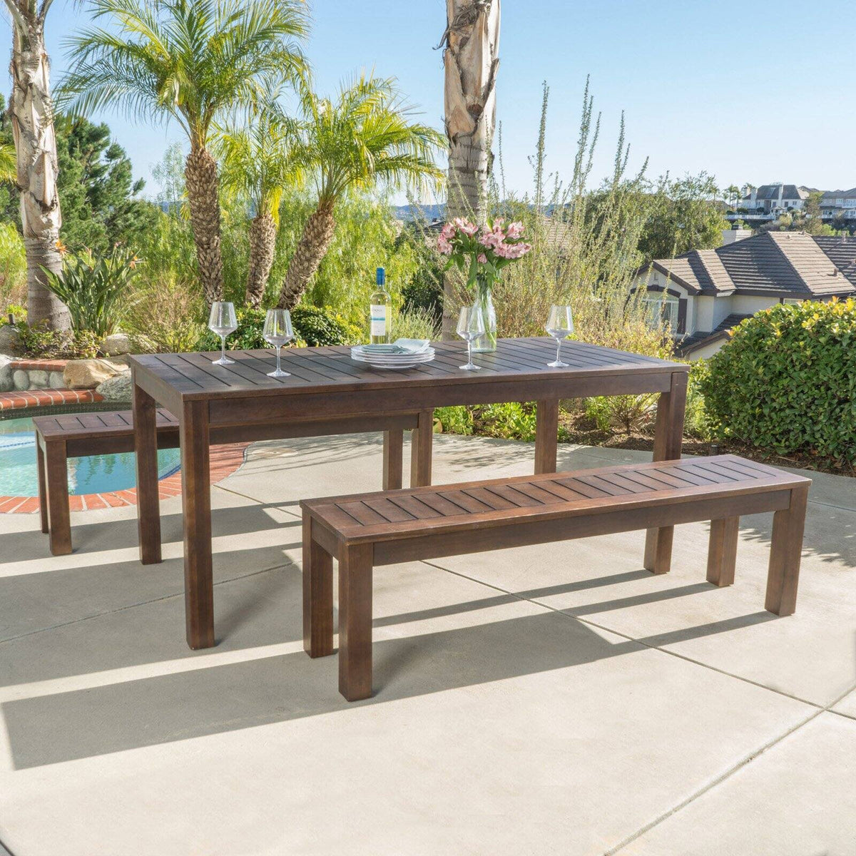 Acacia Wood 3 Piece Table Set with Benches U6304