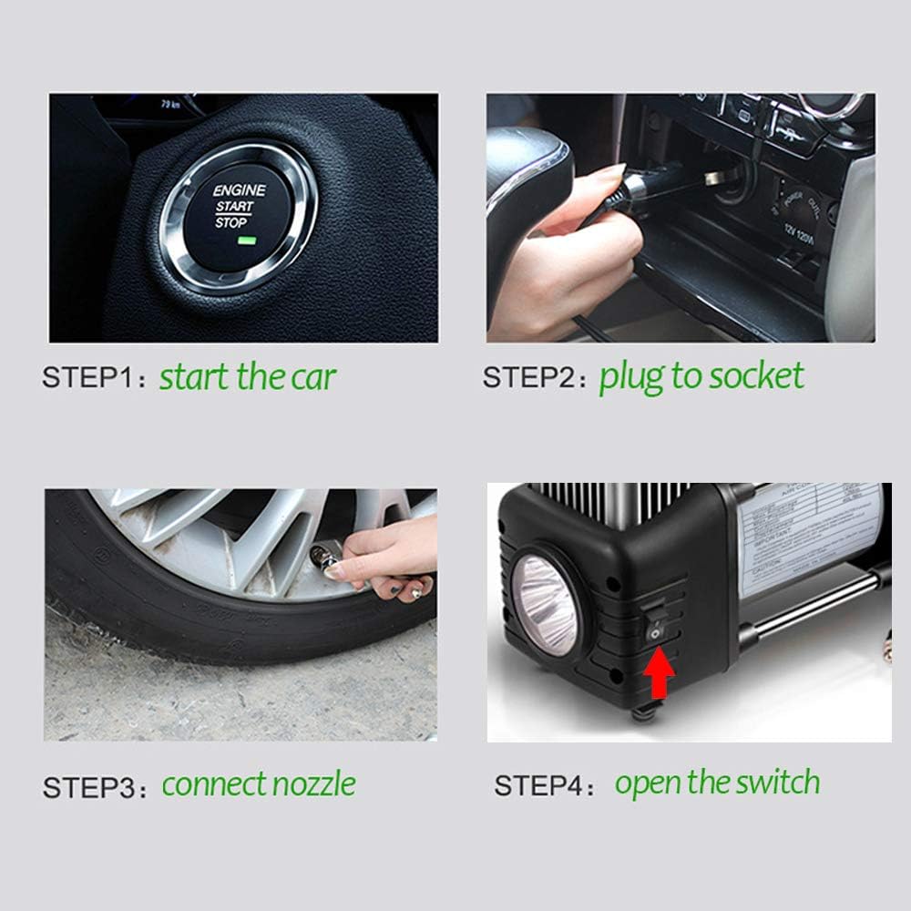 12V 150 PSI Double Cylinder Tire Inflator Air Compressor with LED Light and Storage Bag S61384