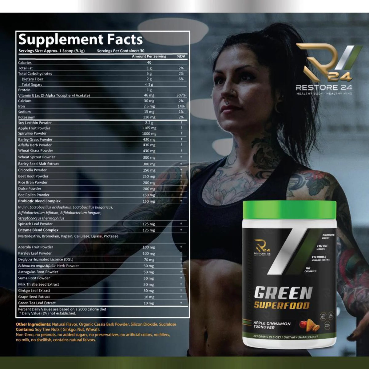 Super Greens Powder Smoothie Mix with Rice Bran, Vitamin E, Calcium, Iron, Dulse, Barley Grass, Wheat Grass, Bee Pollen F1601