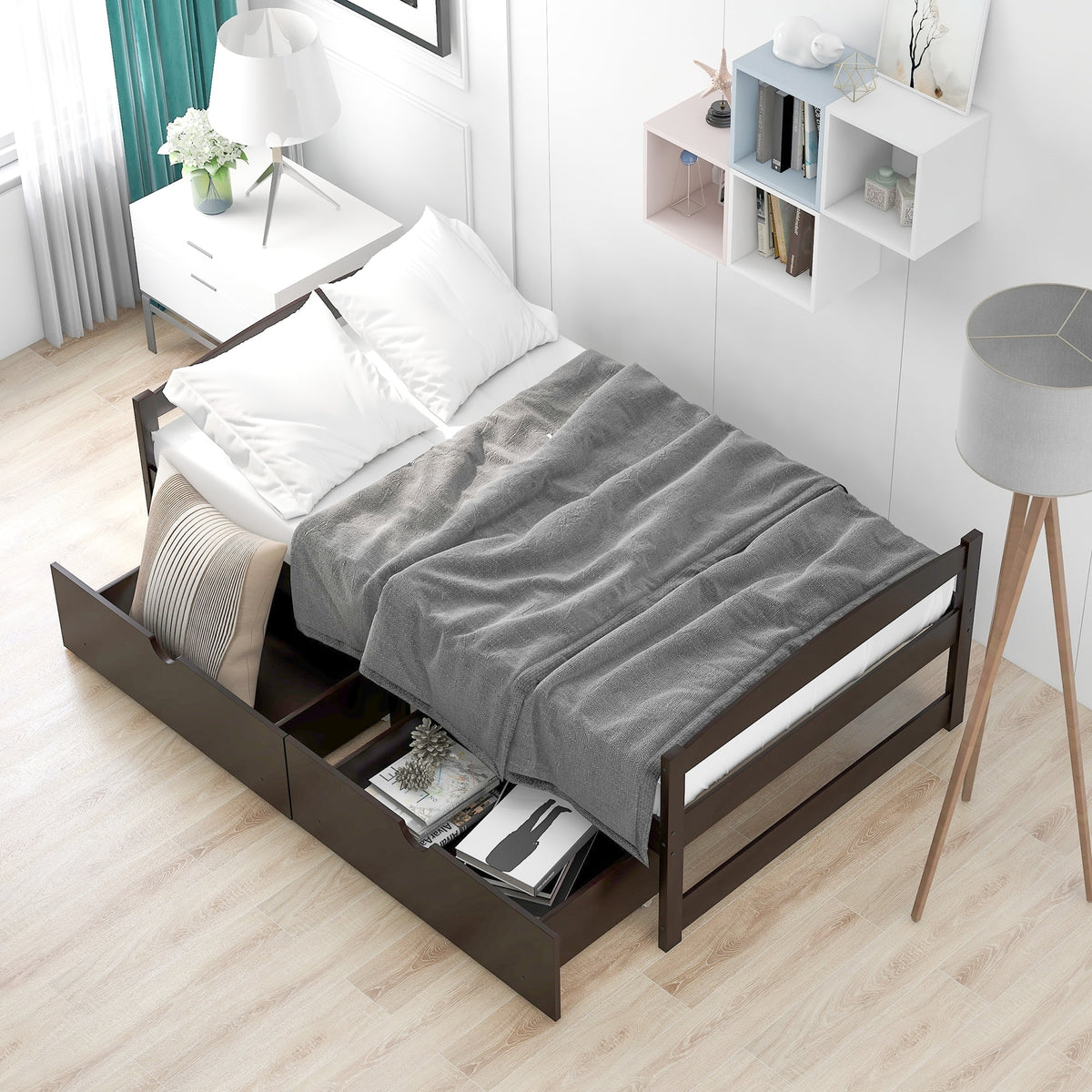 Twin Size Pine Wood Platform Bed with 2 Drawers A28792