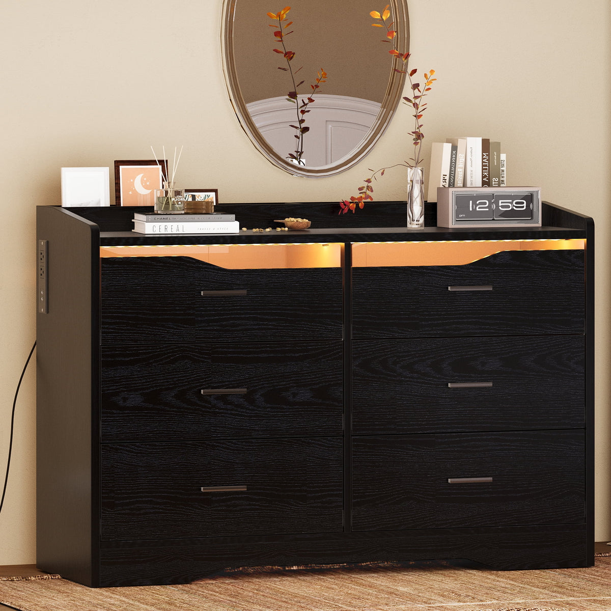 White 6 Drawer Dresser with LED Lights and Charging Station T91748