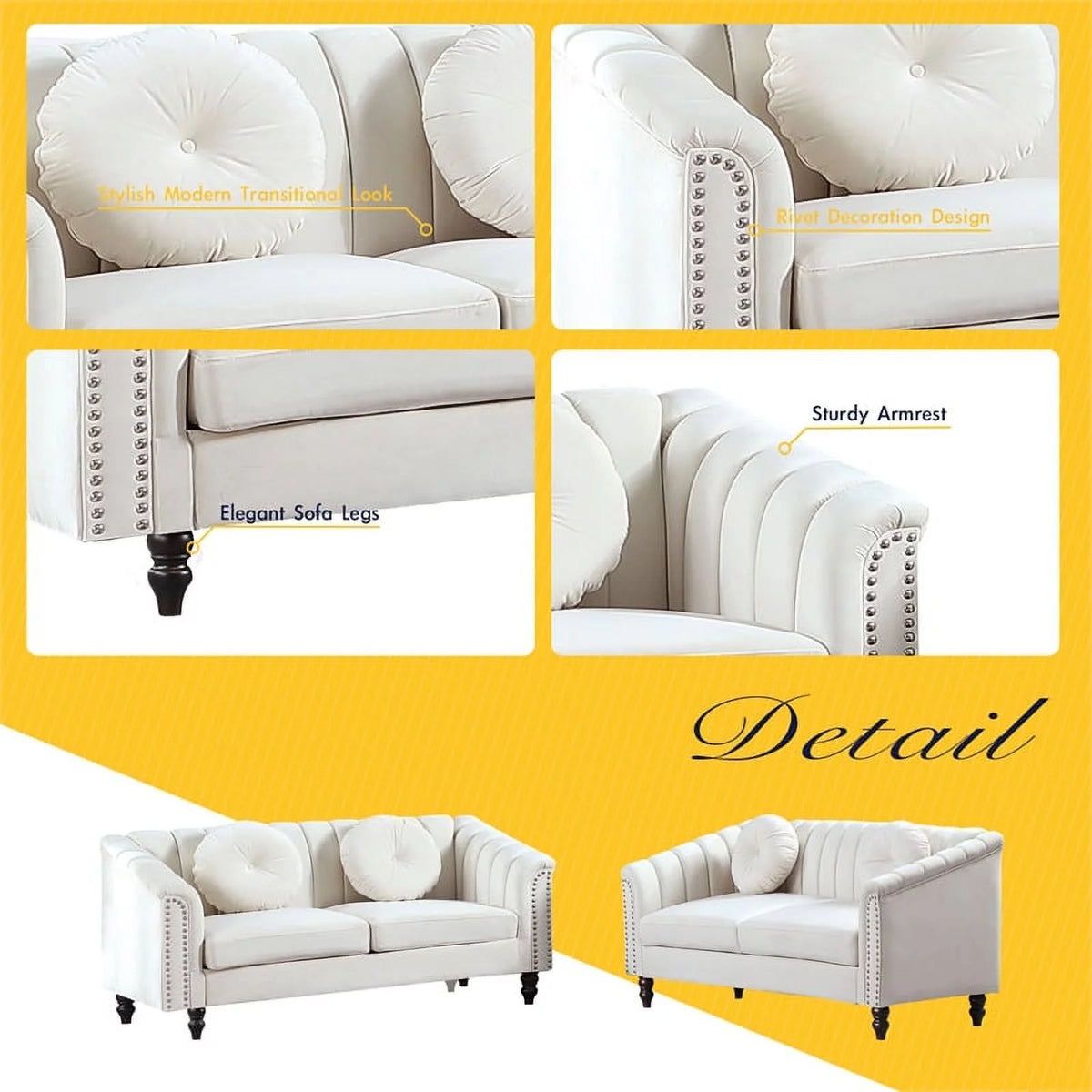 White 3 Pieces Microfiber Living Room Set S31072