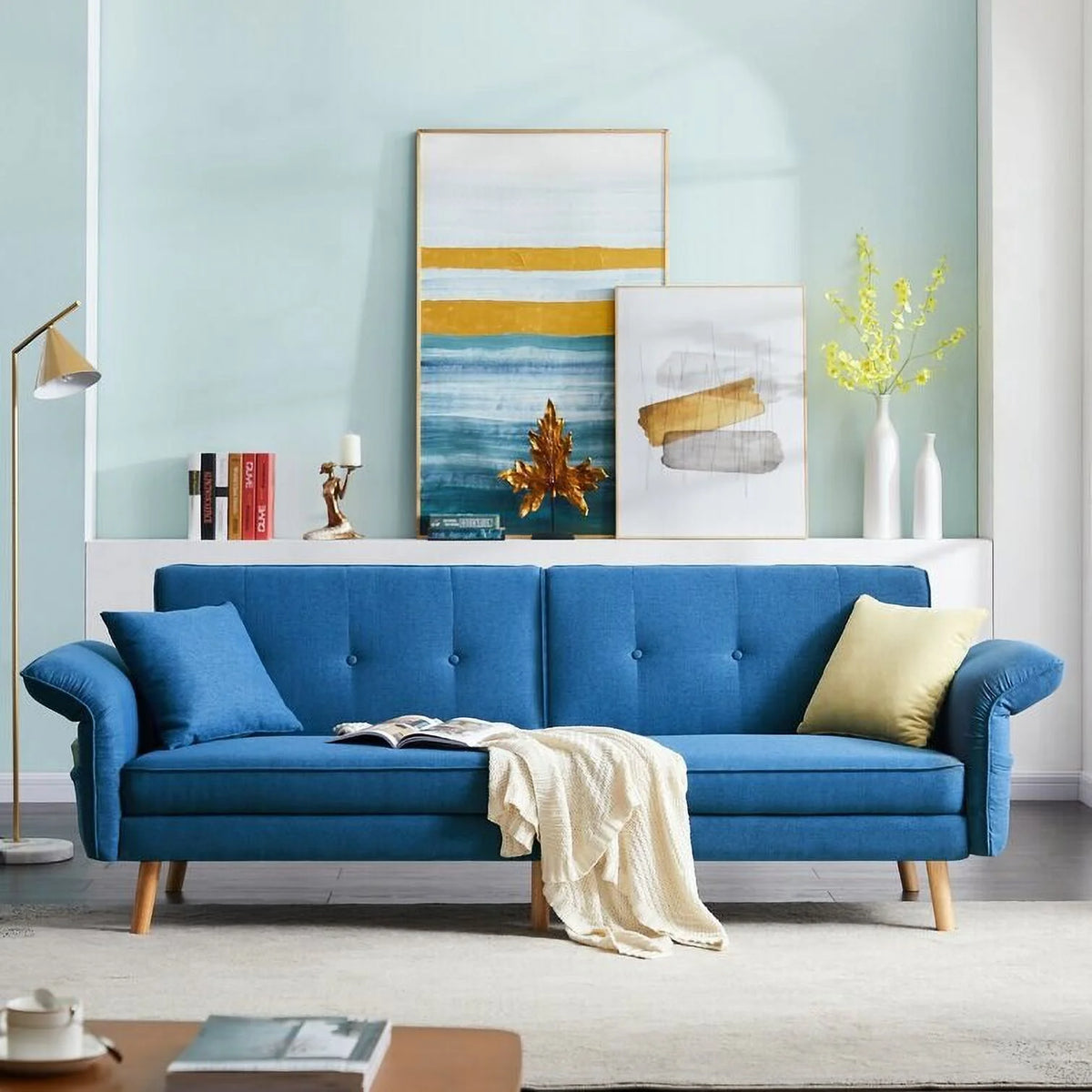 Convertible Futon Sofa Bed with Adjustable Armrest/Backrest Blue N802