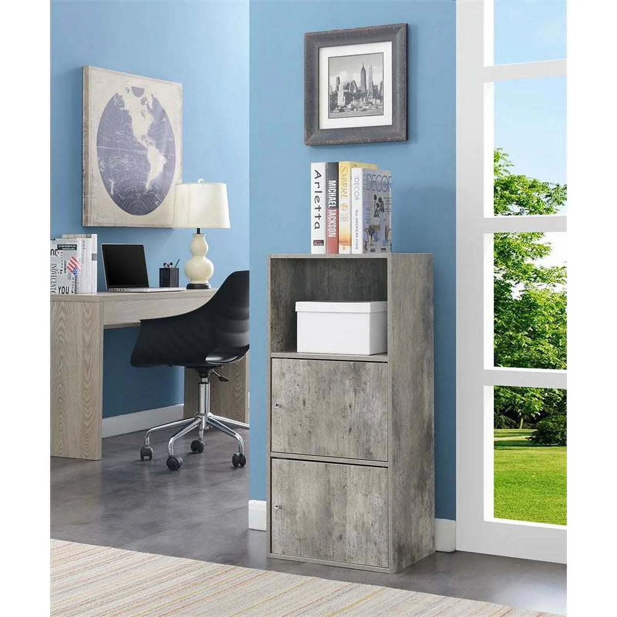 2 Door Gray Faux Birch Wood Cabinet R5259