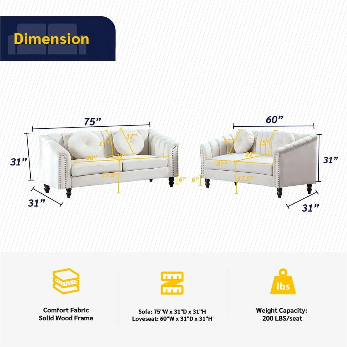White 3 Pieces Microfiber Living Room Set S31072