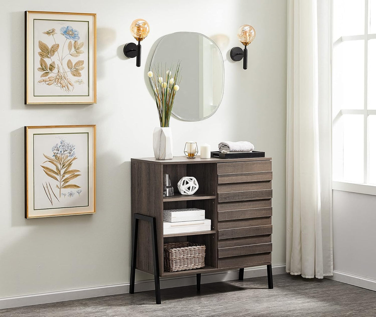 Mid Century Storage Cabinet with Door, 35 Inch, Dark Brown Z65321