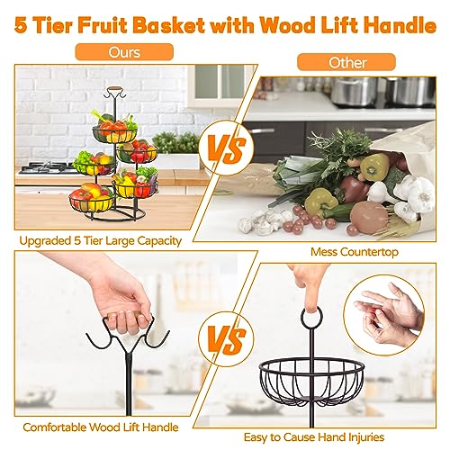 Black Metal Wire 5 Tier Fruit Basket with Banana Hanger Q284
