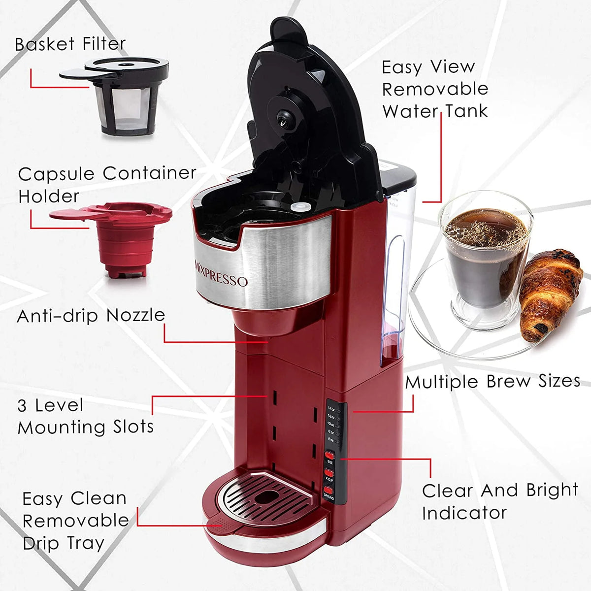 2 in 1 Single Serve Coffee Brewer with 30 oz Reservoir, 5 Brew Size, White H49218
