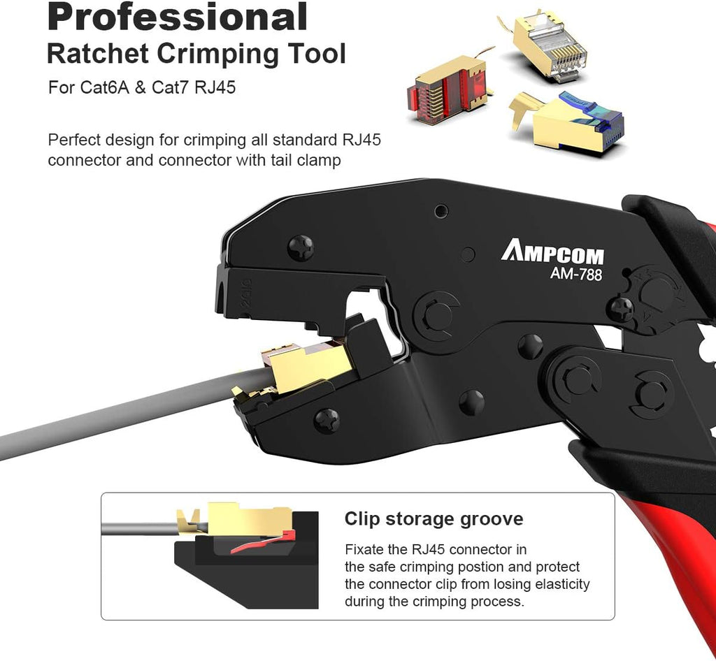 One-step RJ45 Ratcheting Crimper for Cat6A, Cat7 Shielded Connector Pack of 2 P75894