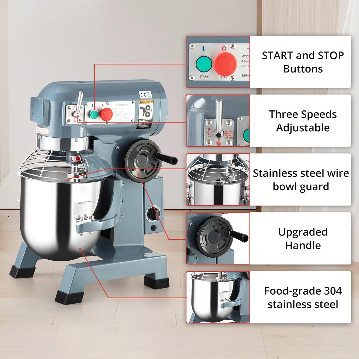 15Qt 600W 3-Speed Commercial Stand Mixer with Stainless Steel Bowl, Dough Hook, Whisk, Safety Guard U42888