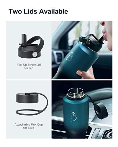40 oz Insulated Double Wall Stainless Steel Tumbler with Handle Straw Lid and Flex Lid, Black D280