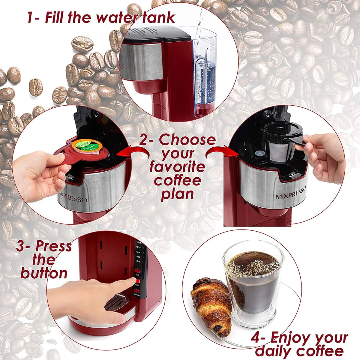 2 in 1 Single Serve Coffee Brewer with 30 oz Reservoir, 5 Brew Size, White H49218
