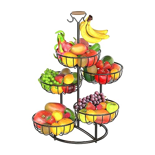 Black Metal Wire 5 Tier Fruit Basket with Banana Hanger Q284