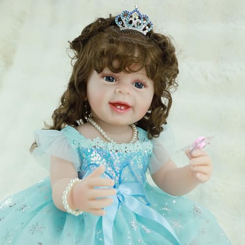22 Inch Lifelike Full Body Vinyl Silicone Reborn Baby Doll with Long Hair Q619