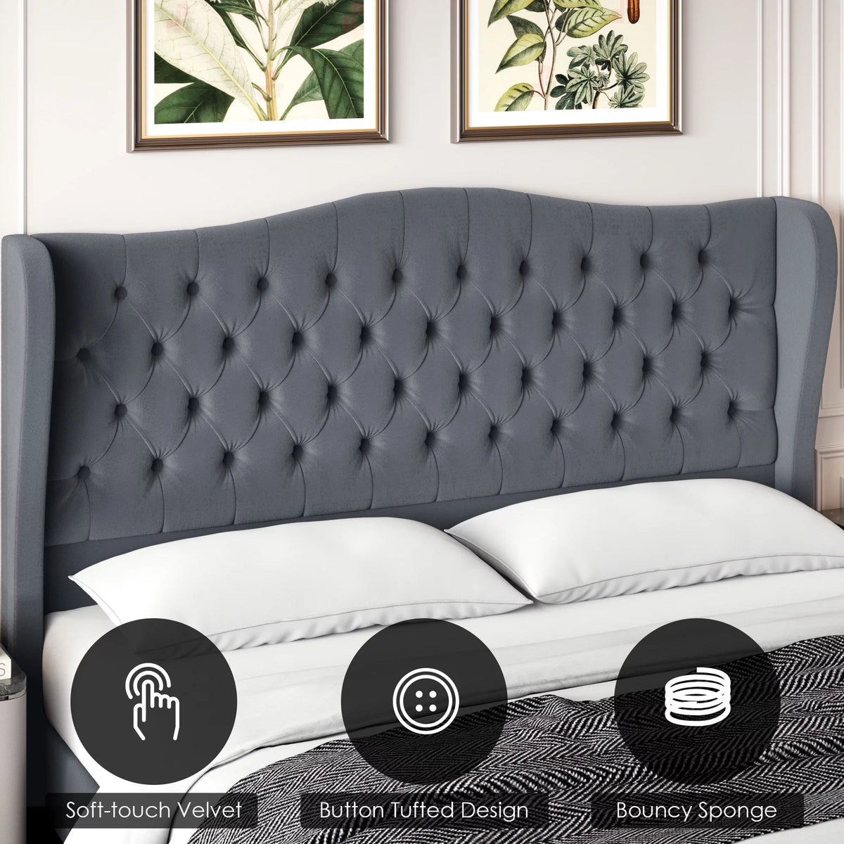 Queen Size Beige Velvet Tufted Upholstered Platform Bed Frame X8788