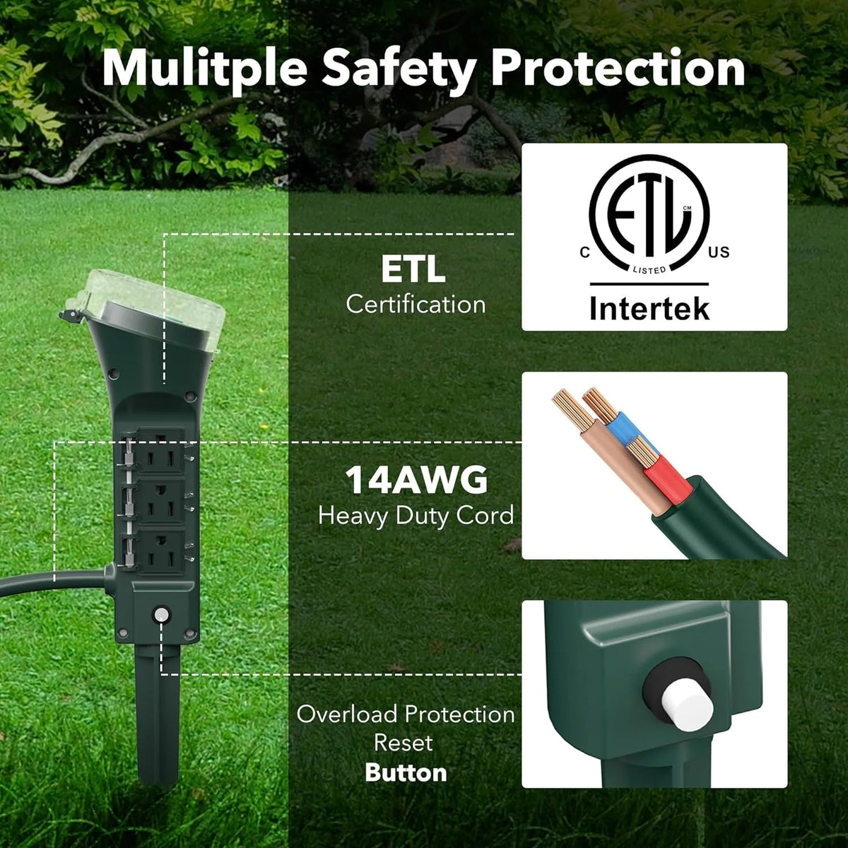 Outdoor Power Strip Yard Stake Timer 6 Grounded Outlets 6 ft Cord Weatherproof U7629