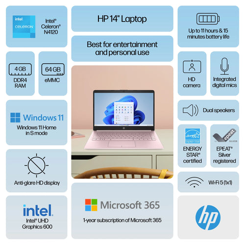 14 inch Laptop Intel Processor 4GB RAM 64GB eMMC Pink N85945
