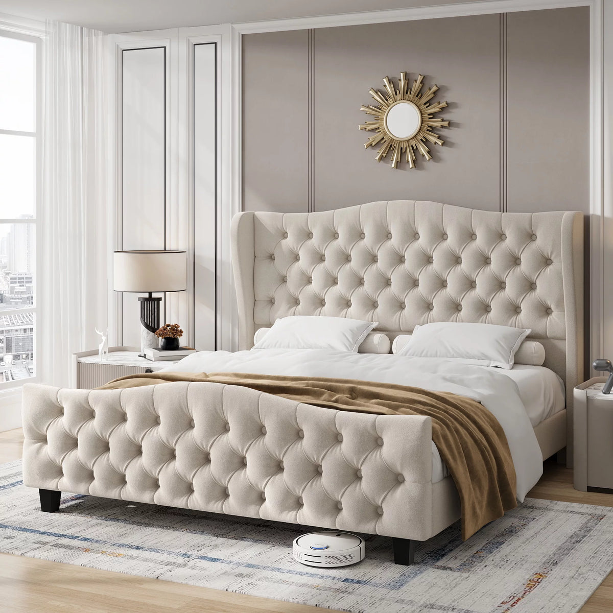 Queen Size Beige Velvet Tufted Upholstered Platform Bed Frame X8788