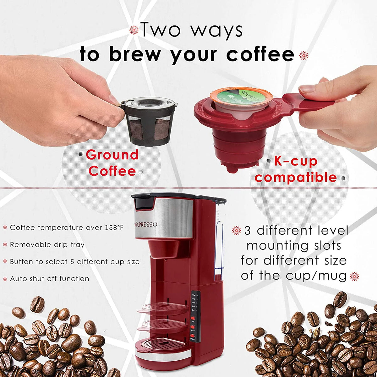 2 in 1 Single Serve Coffee Brewer with 30 oz Reservoir, 5 Brew Size, White H49218
