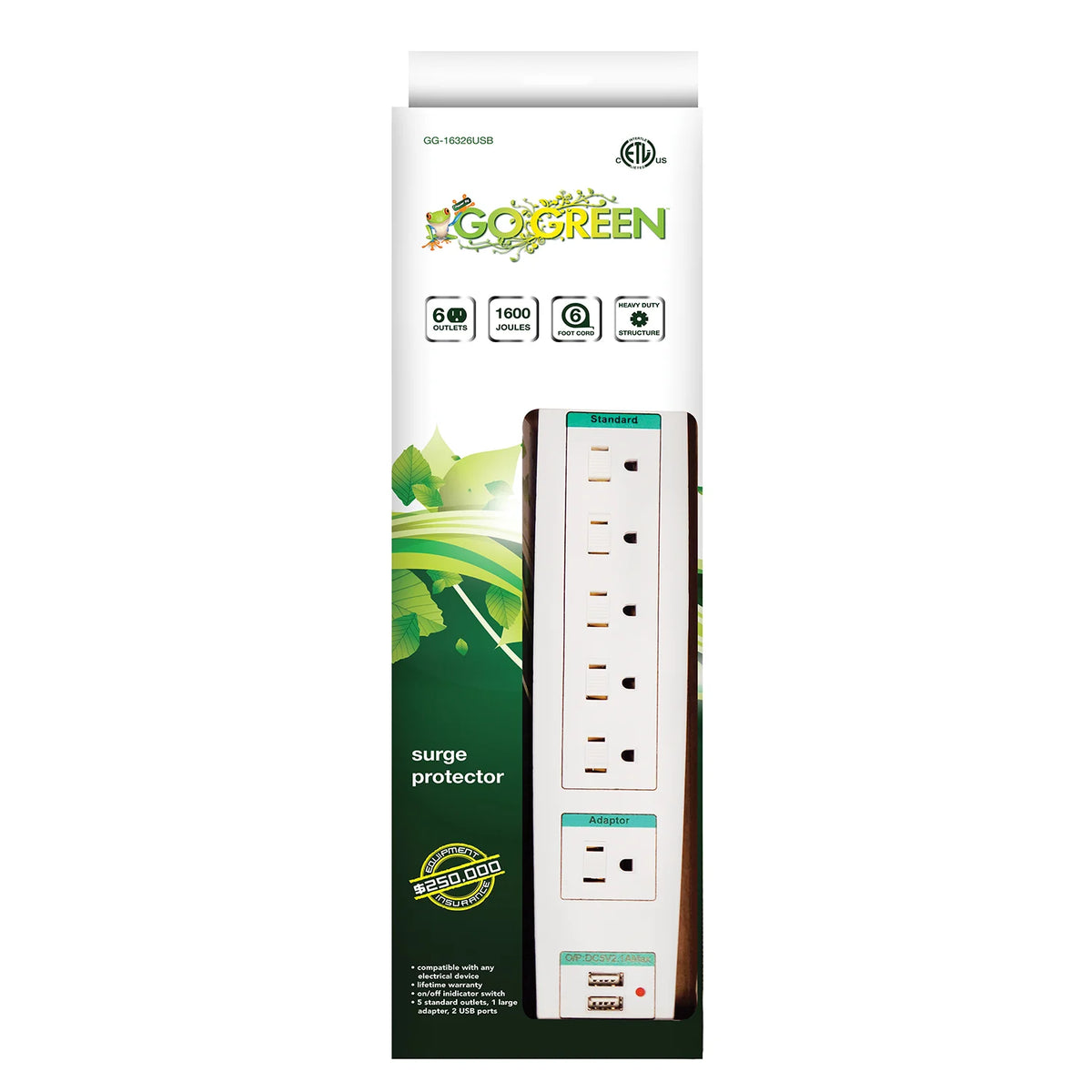6 Outlet Surge Protector with 2 USB Ports, White, 6 ft Cord D354064