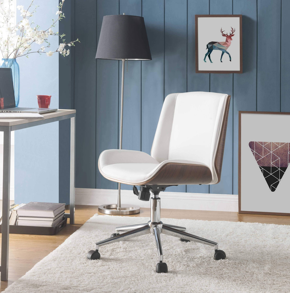 White Leatherette and Walnut Office Chair E2092