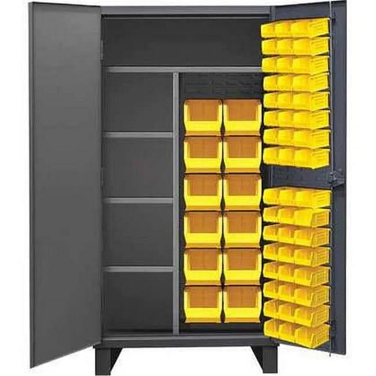 12 Gauge Lockable Janitorial Cabinet with 60 Yellow Hook on Bins & 4 Adjustable Shelves, Gray - 36 in. K7467