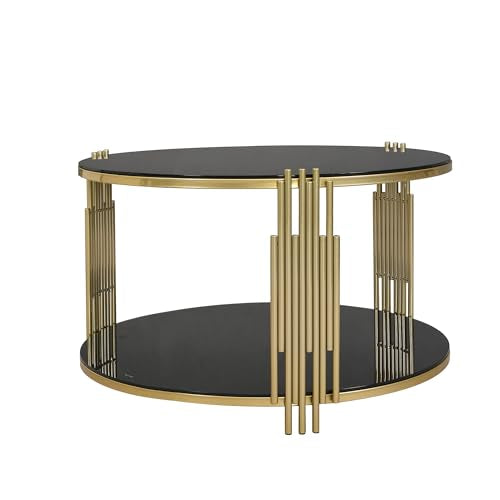 Black Round Coffee Table with Tempered Glass Tabletop and Metal Drum Base U480