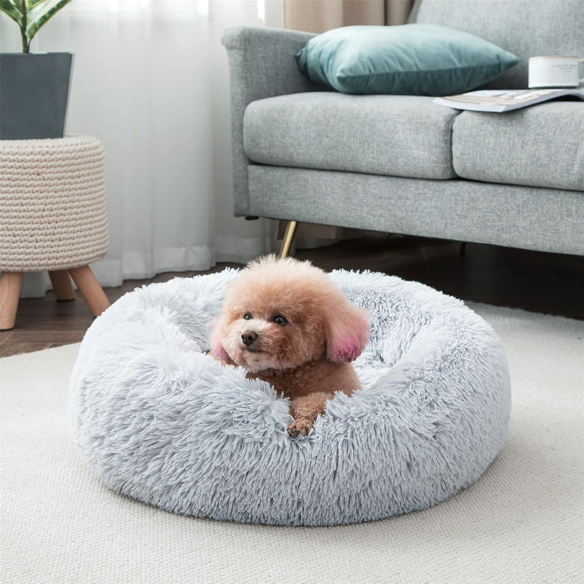 Faux Fur Donut Dog Bed 24x24 Dusty Blue Pack of 2 K3126