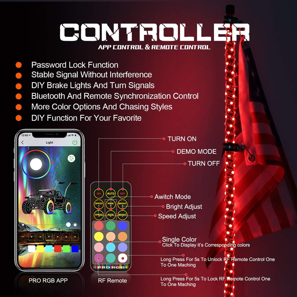 2PCS 5FT LED Whips Light with Remote and app I784599