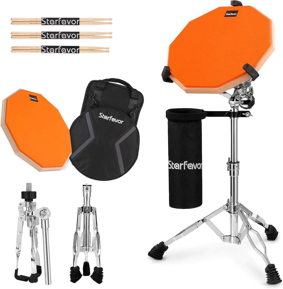 12-Inch Double Sided Silent Drum Practice Pad with Snare Drum Stand, Drum Sticks, Carrying Bag, Orange K71992