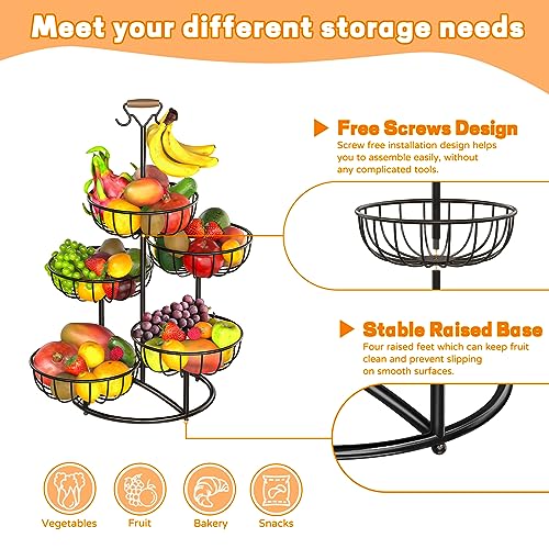 Black Metal Wire 5 Tier Fruit Basket with Banana Hanger Q284