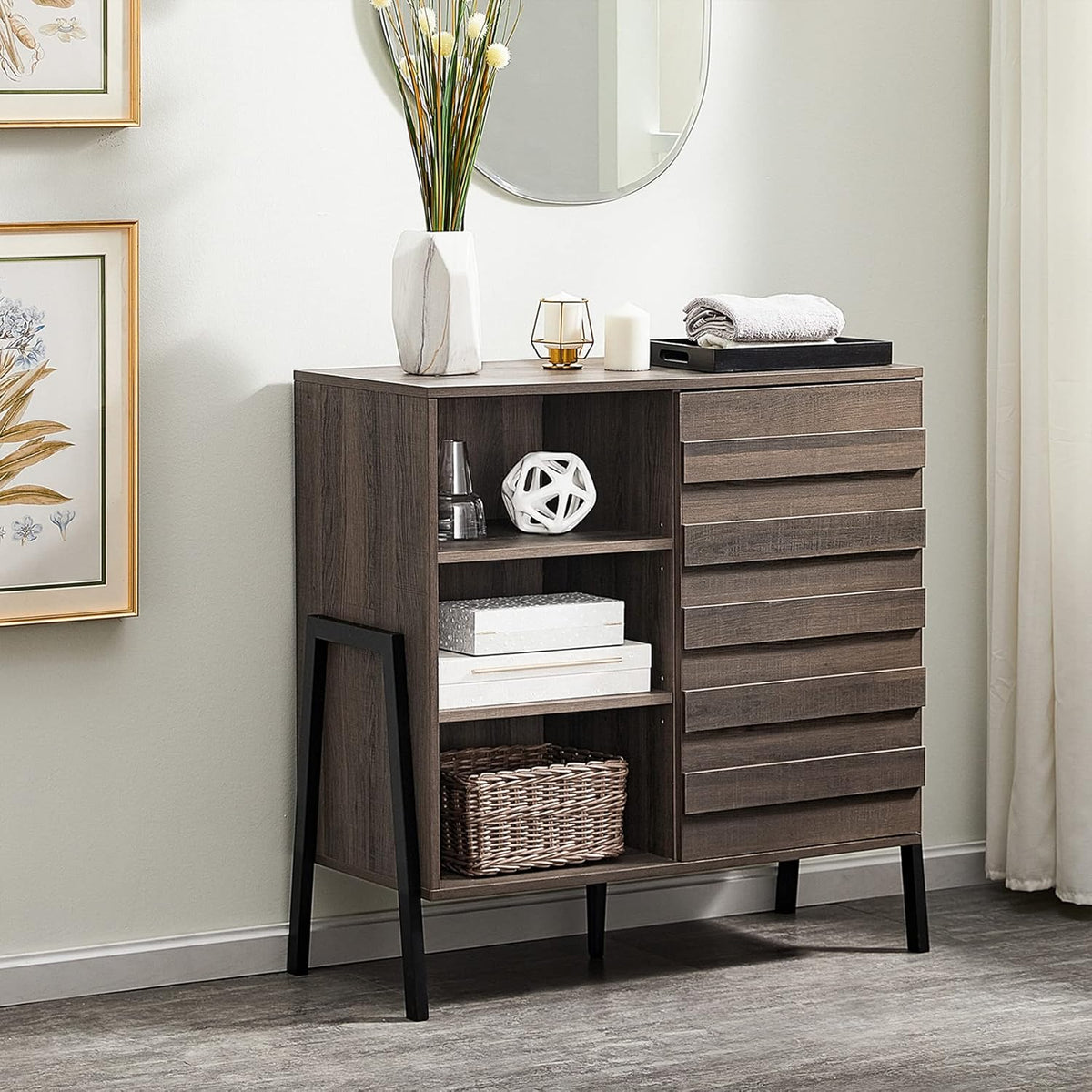 Mid Century Storage Cabinet with Door, 35 Inch, Dark Brown Z65321