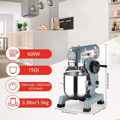 15Qt 600W 3-Speed Commercial Stand Mixer with Stainless Steel Bowl, Dough Hook, Whisk, Safety Guard U42888
