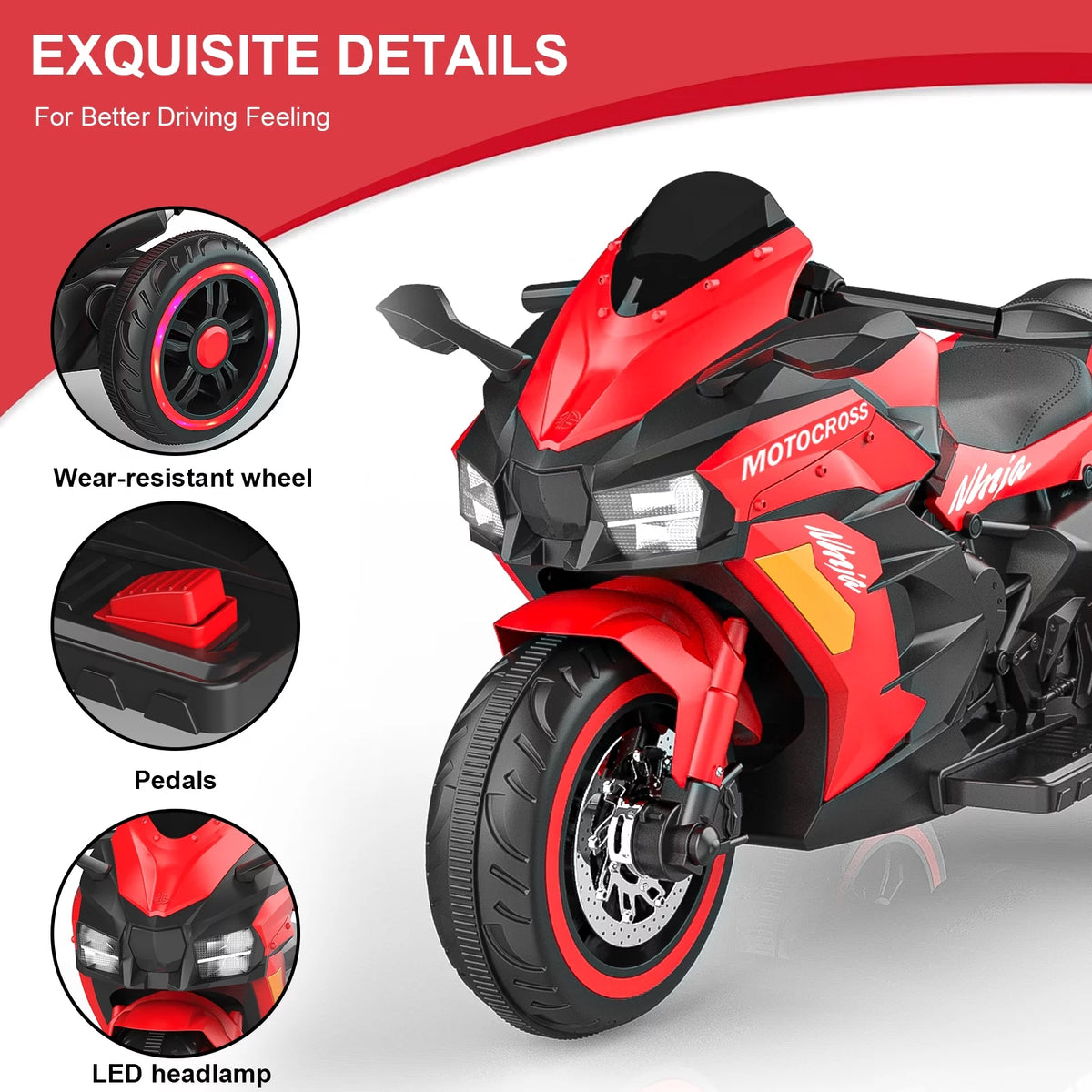 12v Battery Powered 3 Wheels Ride on Motorcycle with LED Lights Music Red R22071