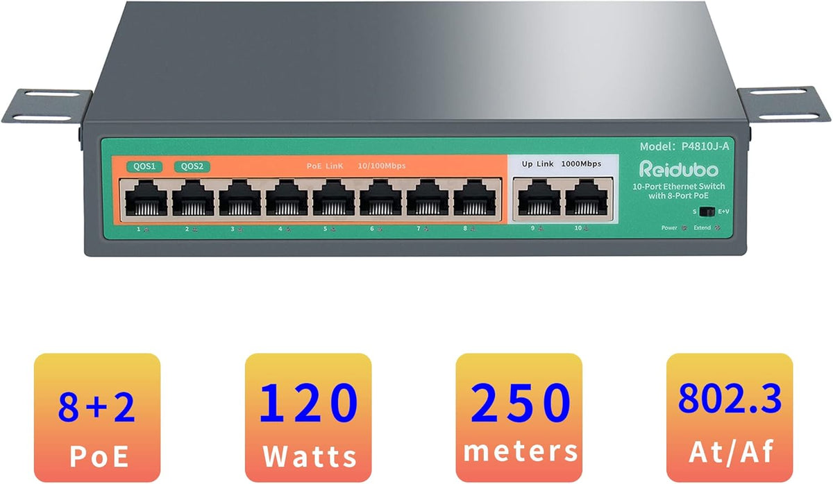 10 Port Ethernet PoE Switch with 8-Port PoE 100Mbps, 2 Gigabit Uplink, 120W, Unmanaged, Metal Case, Pack of 2 B84226