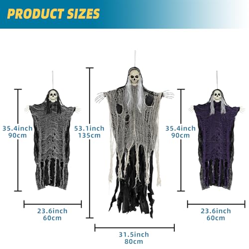 Set of 3 Hanging Ghosts and Grim Reaper Skeleton Halloween Decorations Z526