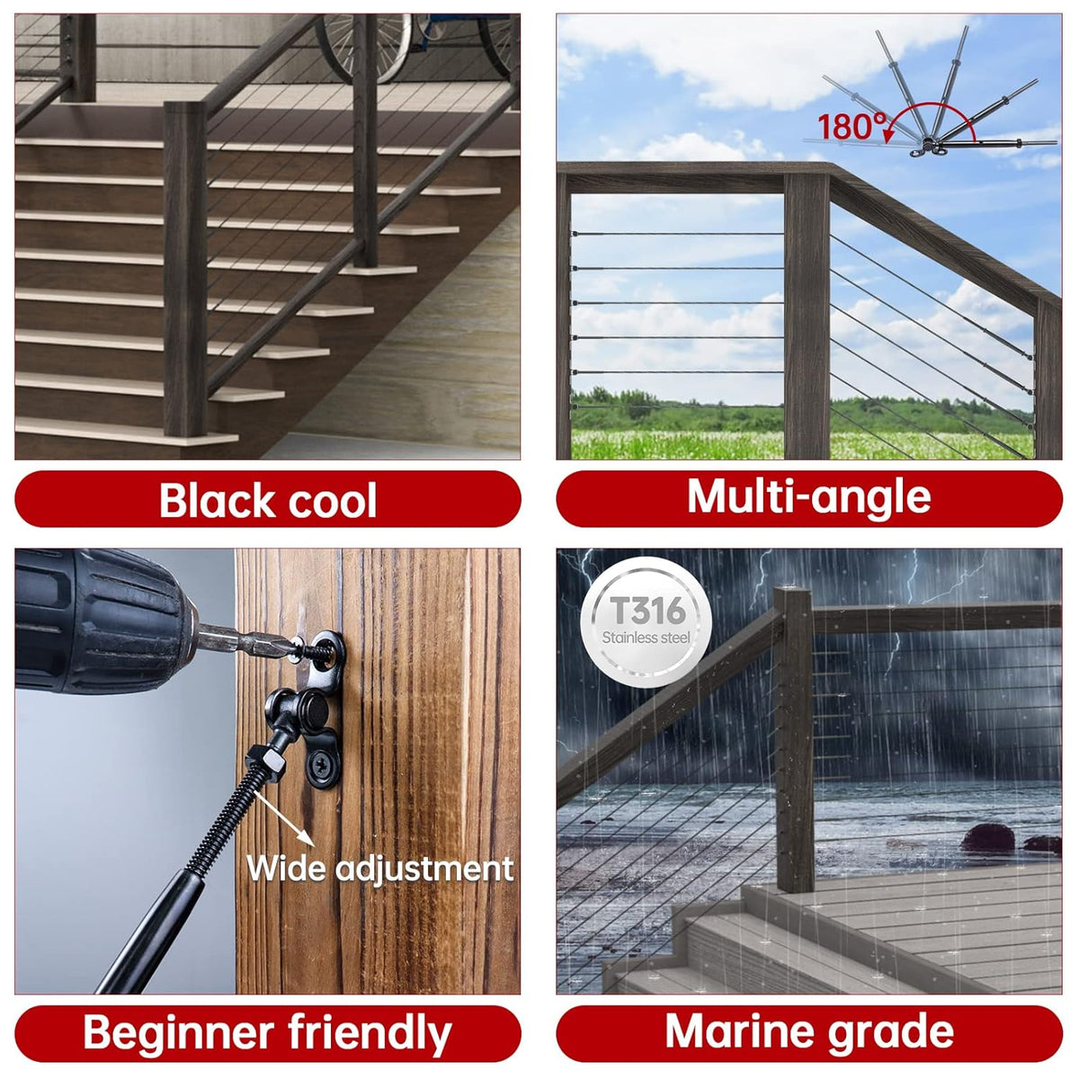 Black Cable Railing Kit 10 Set T316 Stainless Steel Hardware C6295
