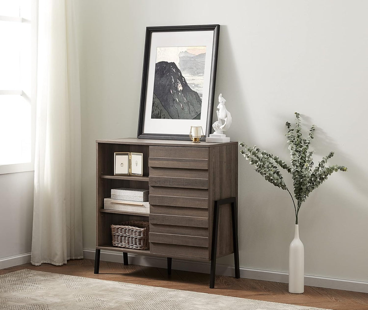 Mid Century Storage Cabinet with Door, 35 Inch, Dark Brown Z65321