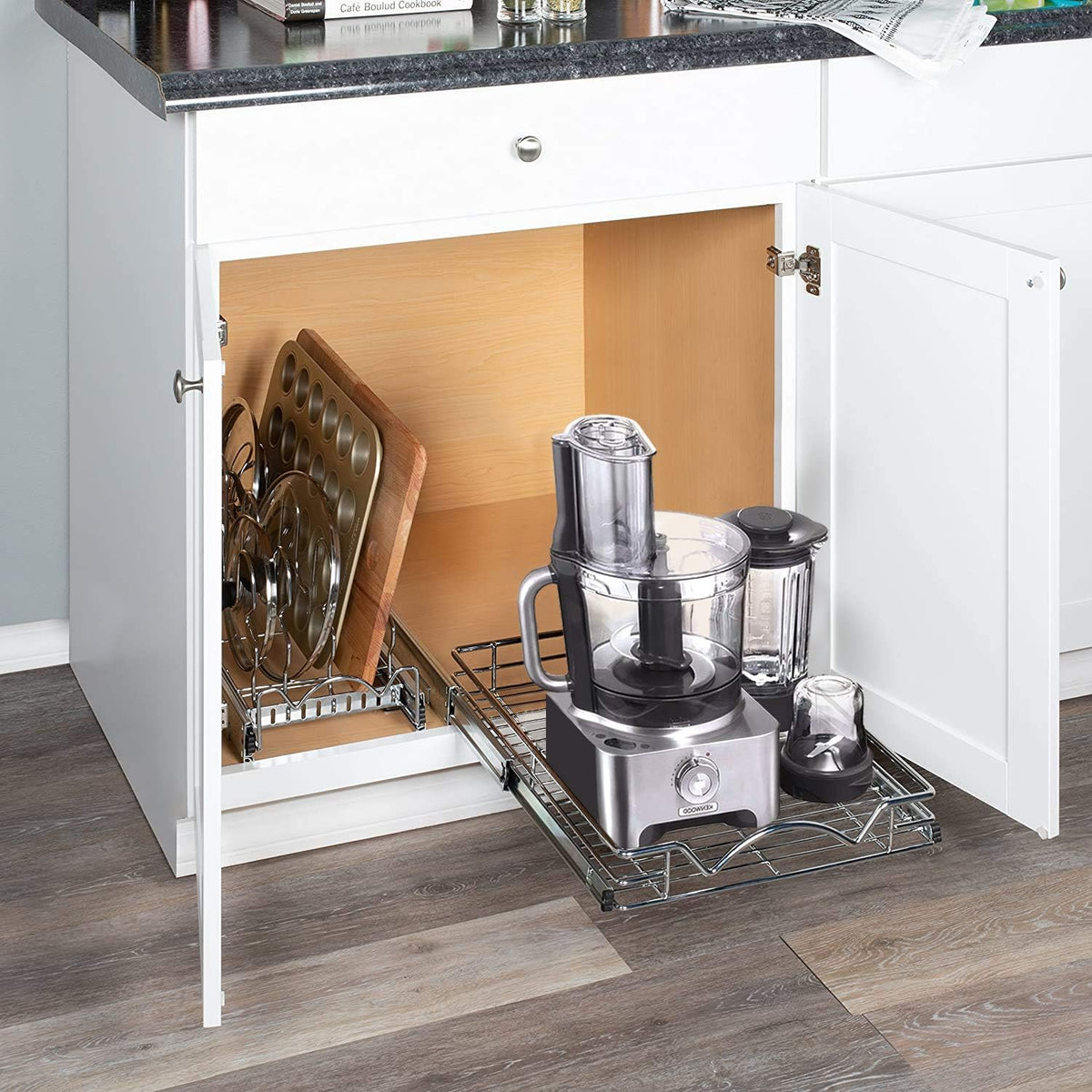 14"W x 21"D Chrome Wire Frame Pull Out Drawer Cabinet Organizer D8854