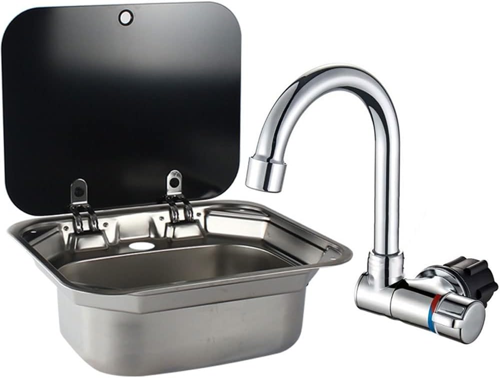 Stainless Steel Hand Wash Basin Sink with Folded Faucet Tempered Glass Lid U18336