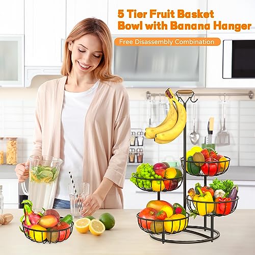 Black Metal Wire 5 Tier Fruit Basket with Banana Hanger Q284