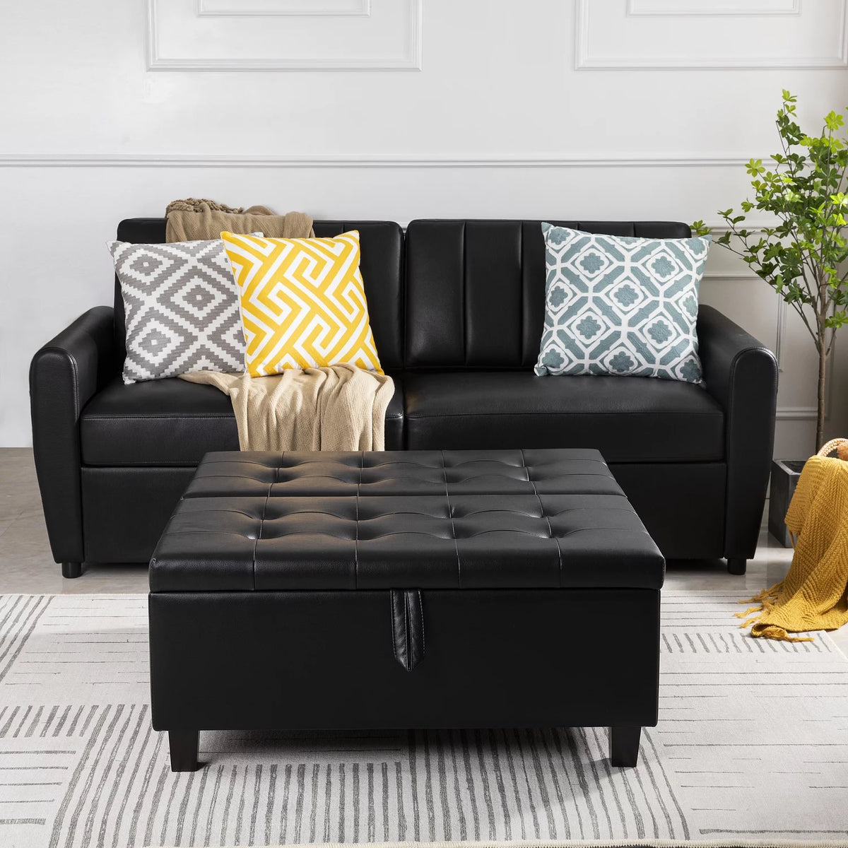 Black Air Leather Tufted Lift-Top Storage Ottoman Bench P121045