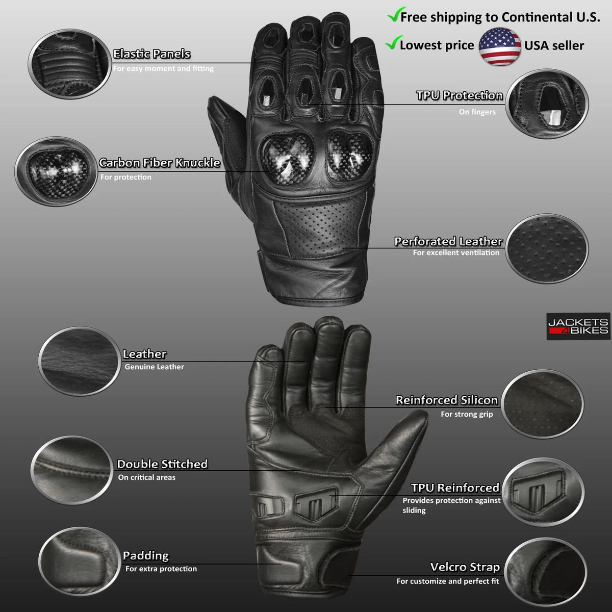 Black Red Leather Motorcycle Biker Gloves O9361