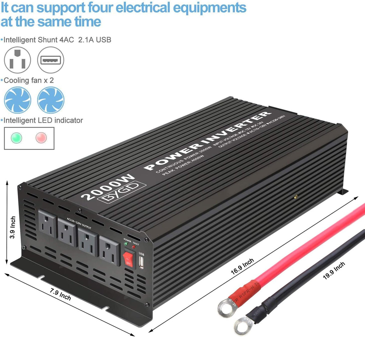 2000W Power Inverter 12V to 110V Modified Sine Wave with 4 AC Outlets M6424
