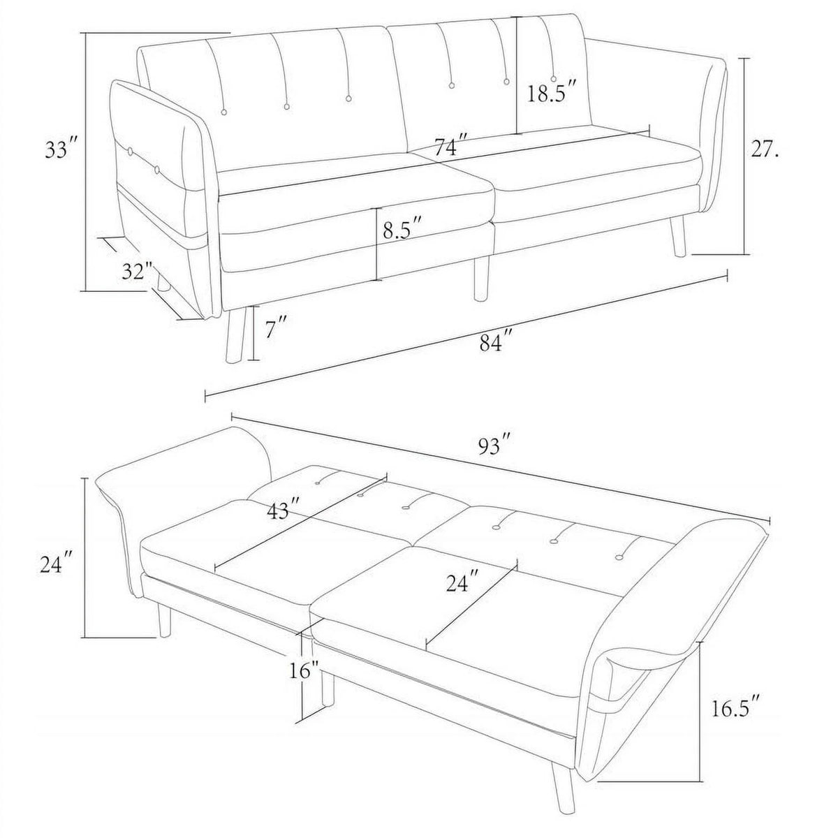 Convertible Futon Sofa Bed with Adjustable Armrest/Backrest Blue N802