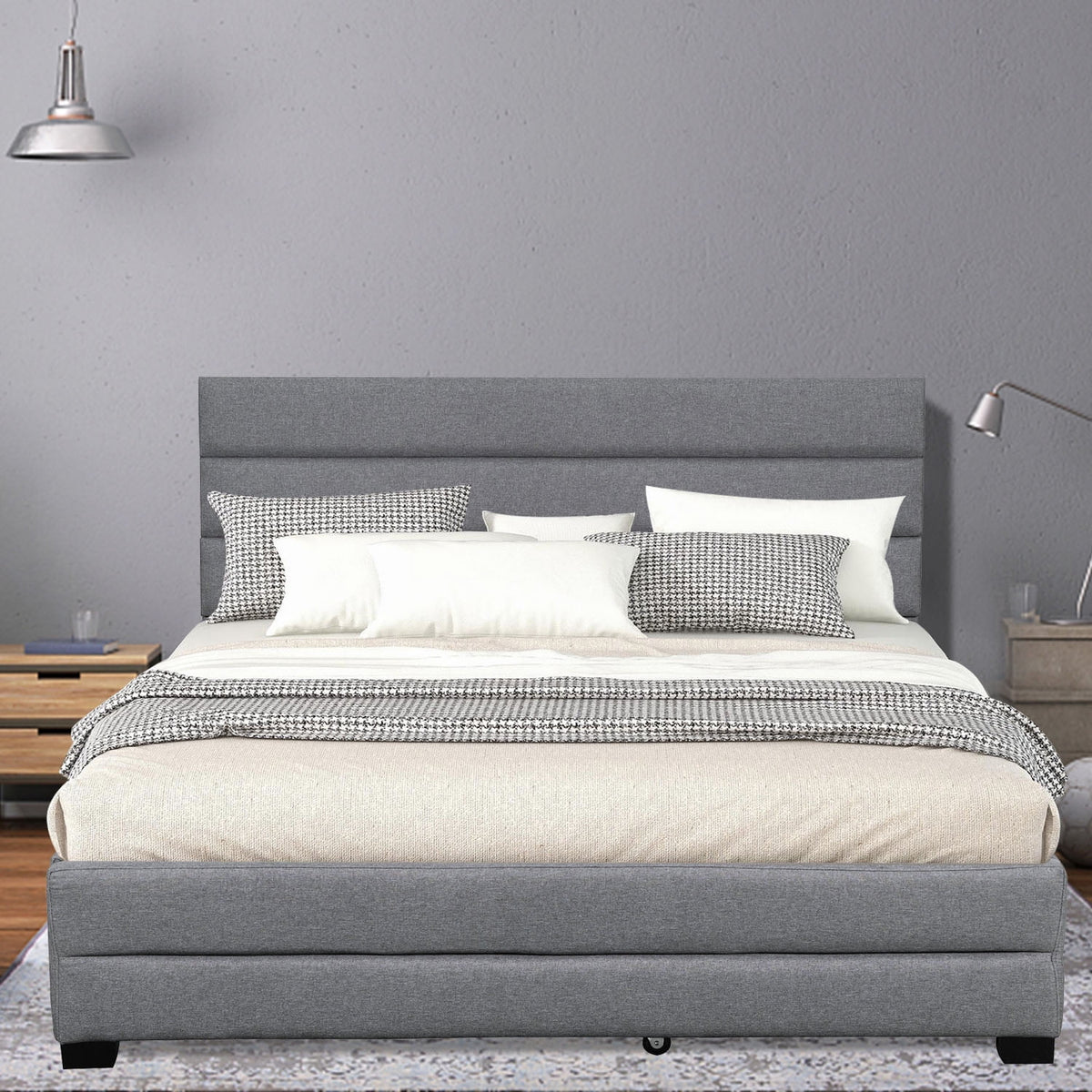 Queen Upholstered Platform Bed with Trundle and Two Drawers Grey S74017